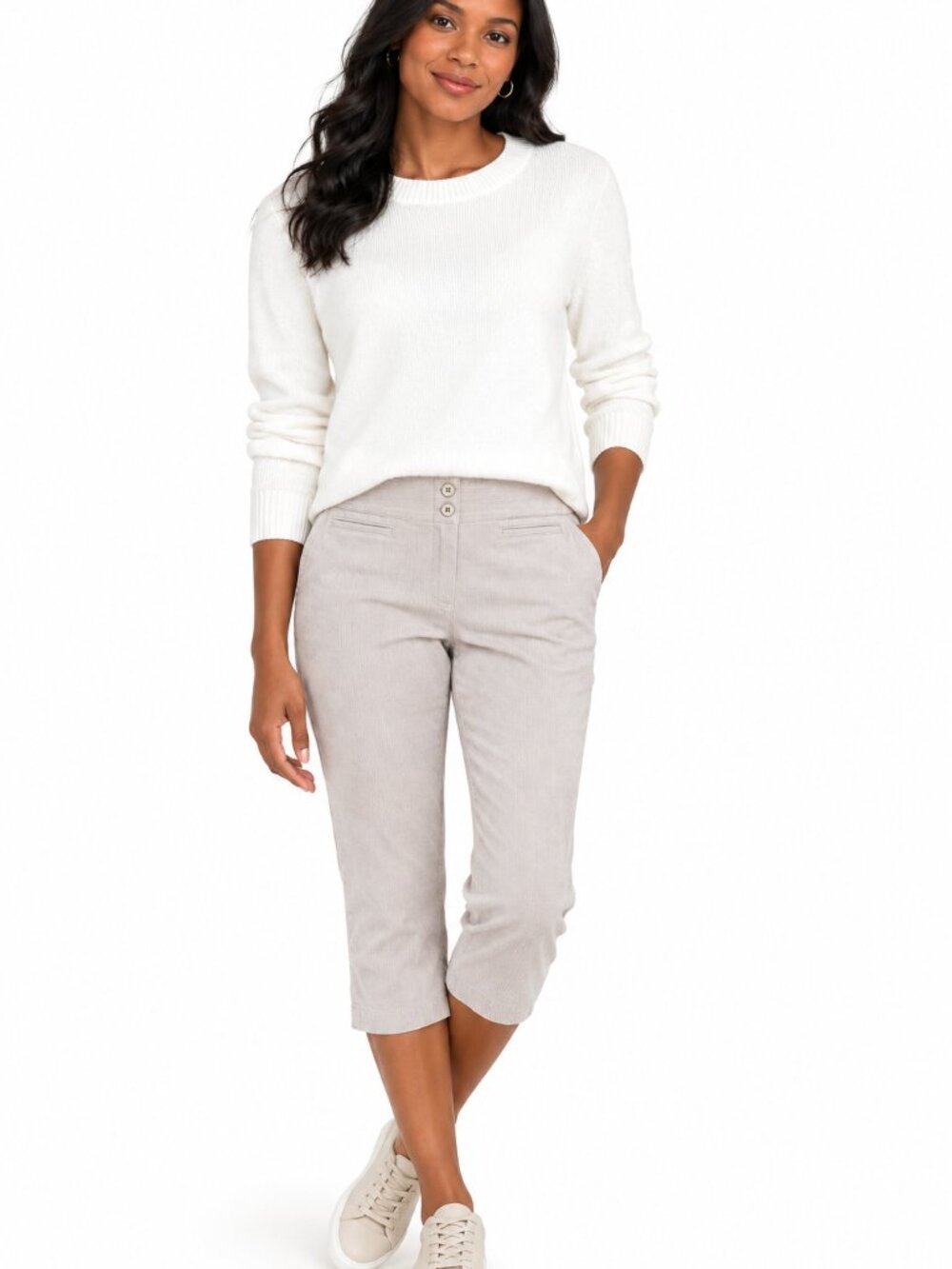 Capri Pant, subtle white and beige color pinstripe